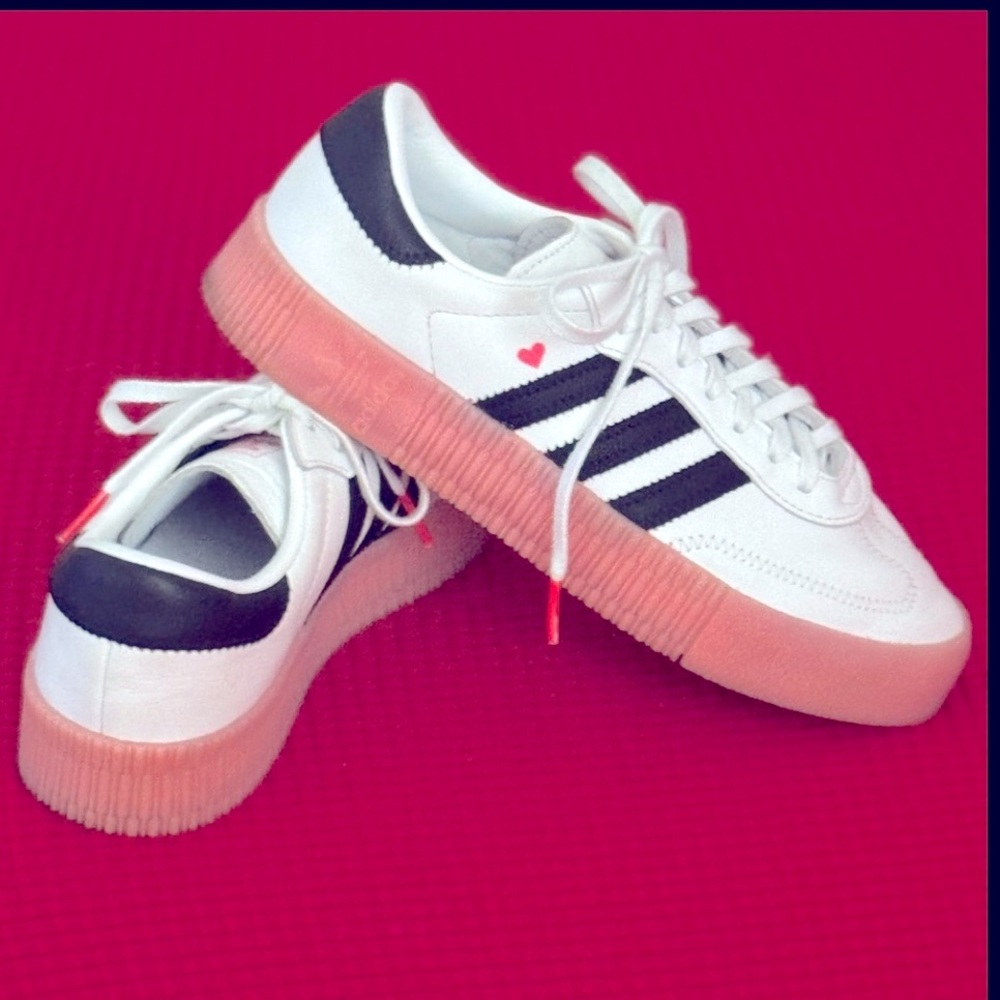 Sz 7 ADIDAS Valentines Sambarose, black stripes, pink soles, EUC